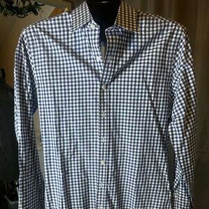 Proper Cloth Mens Navy Blue White Gingham Check Long Sleeve Button Down Shirt